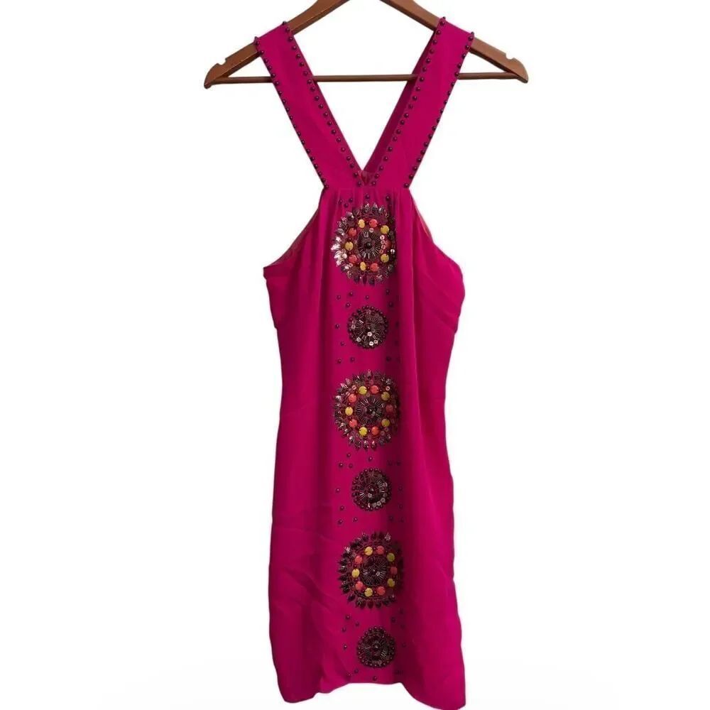 Tibi Hot Pink Silk Embellished Studded Dress Size 8 Boho Festival Statement
